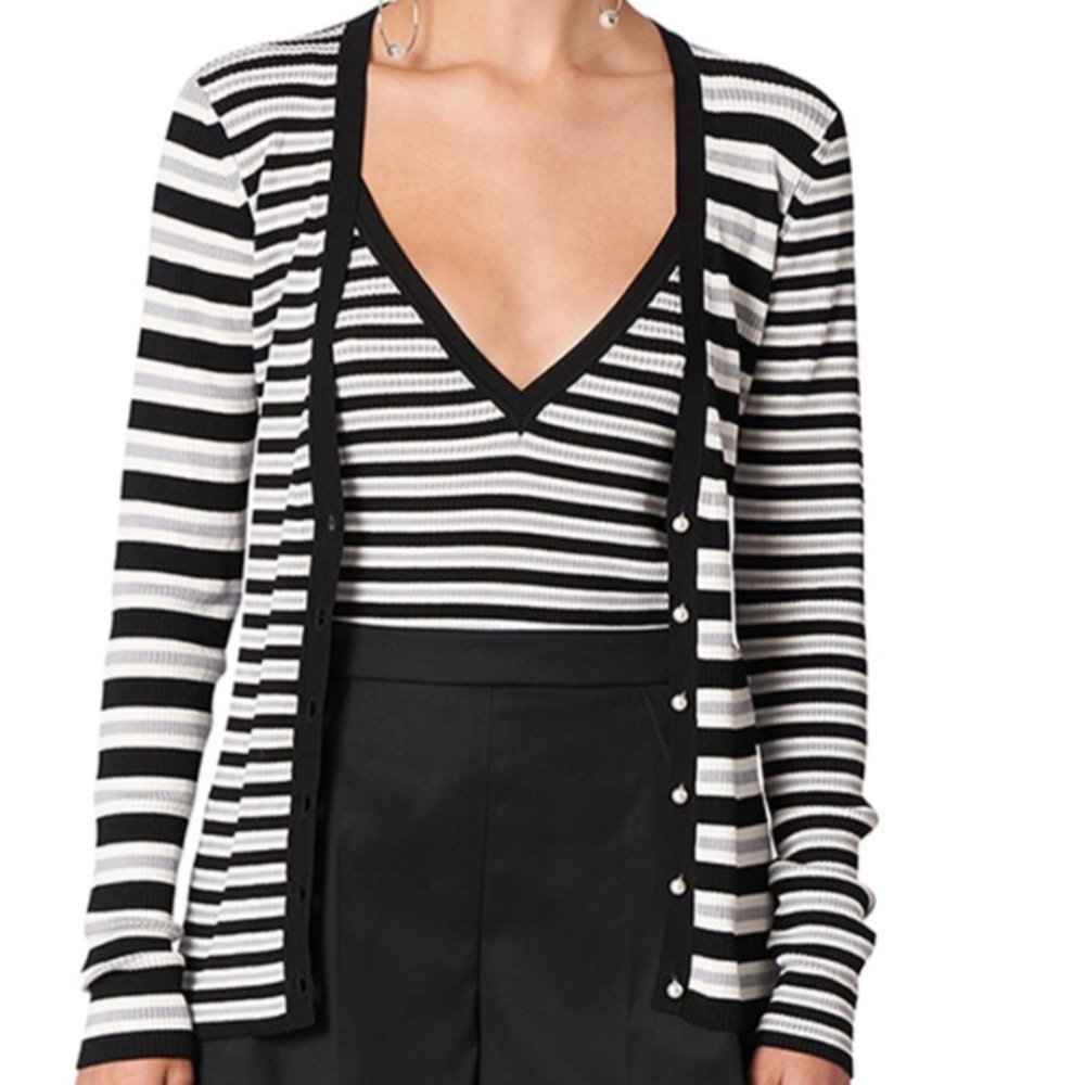 CAROLINA HERRERA Horizontal-stripe Ribbed Knit v-Neck Cardigan SET